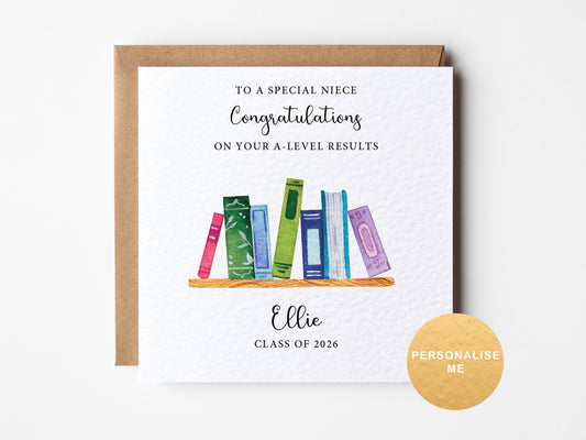 Personalised A Level results card 2026 with books illustration, congratulations exam results card for niece