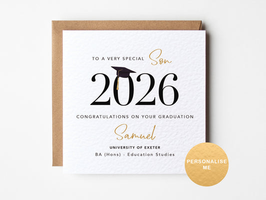 Personalised graduation card 2026 for son with university details