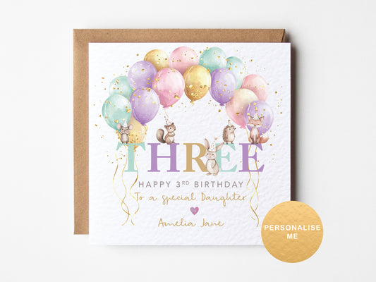 Age 3 card with balloon arch and animals sat on the word three. Personalised with relation and name
