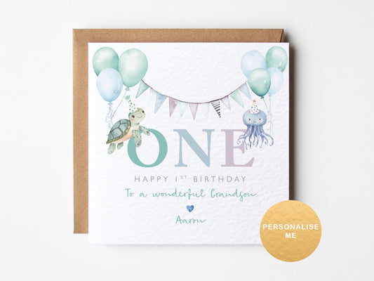 1st Birthday card with sea-themed illustrations and text on a white background