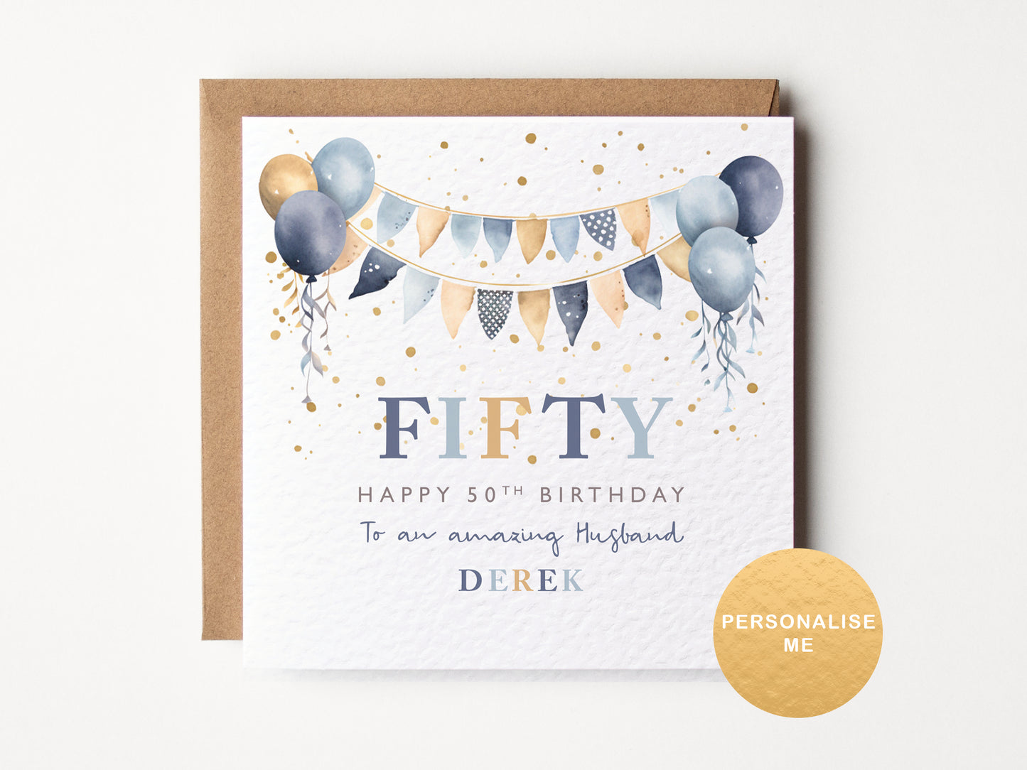 Fiftyth birthday card with balloons and bunting design on a white background