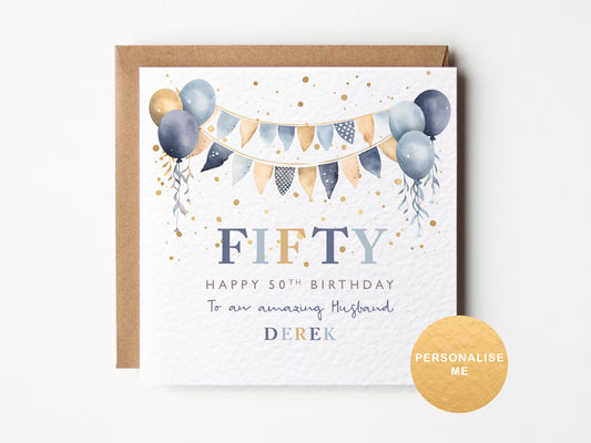 Fiftyth birthday card with balloons and bunting design on a white background