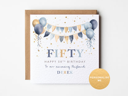 Fiftyth birthday card with balloons and bunting design on a white background