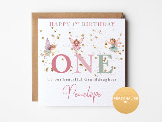 Birthday card for a granddaughter with fairies and personalized text on a white background