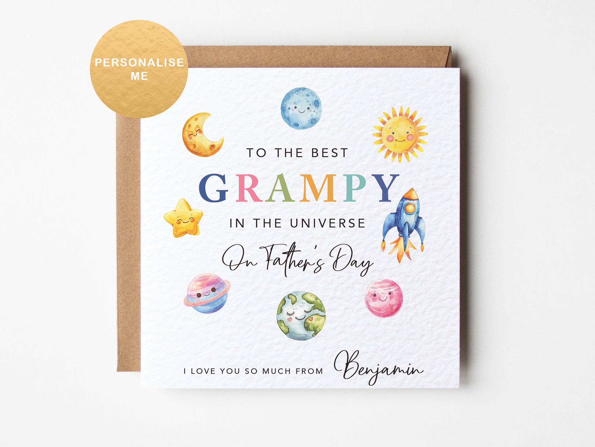 Personalised Father’s Day card for Grandad with cute planets and names