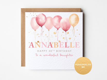 Greeting card with pink balloons and personalized text on a white background