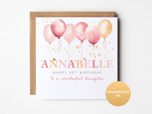 Greeting card with pink balloons and personalized text on a white background