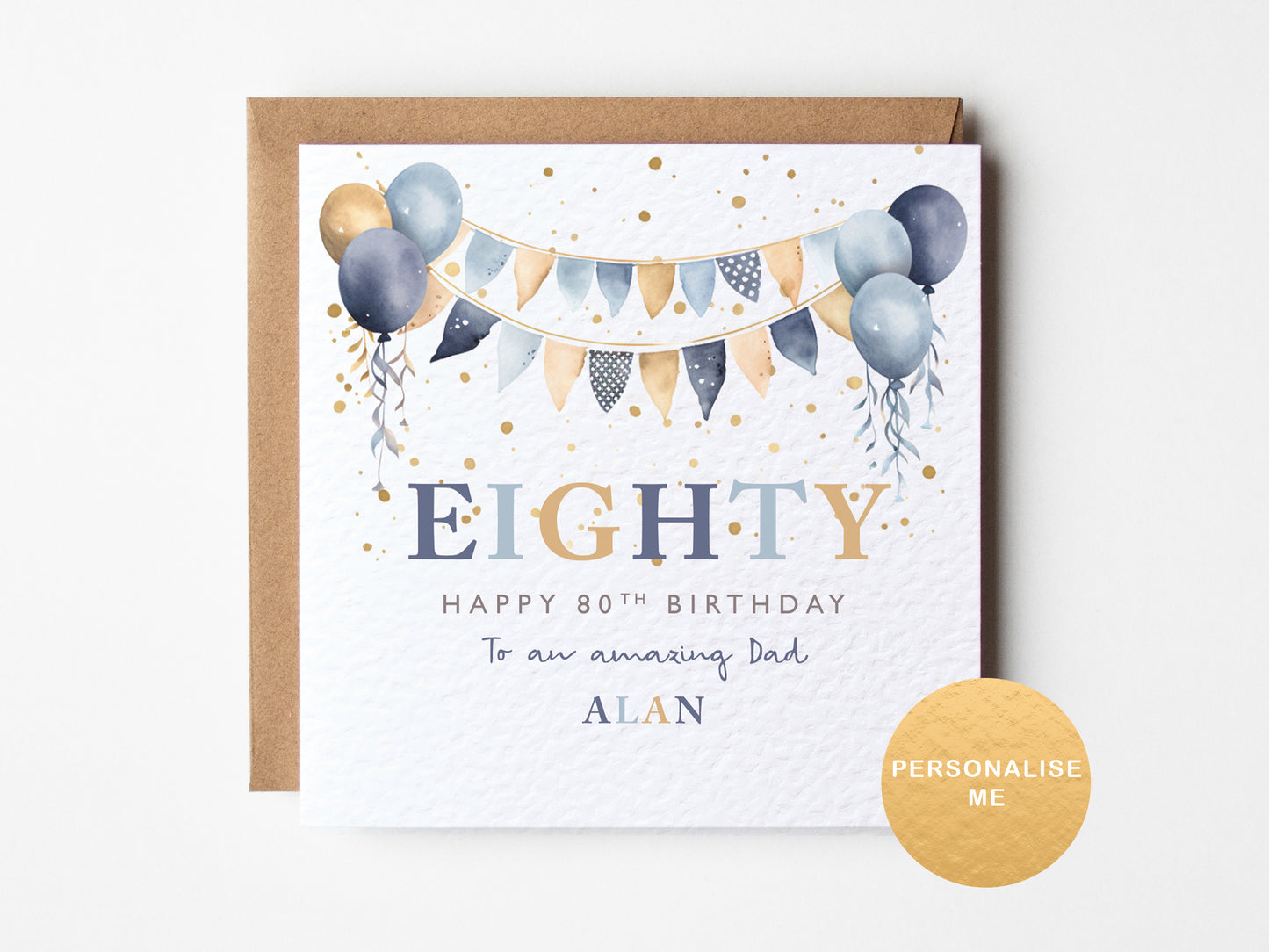 Birthday card for an 80th birthday with balloons and a personalized message on a white background.