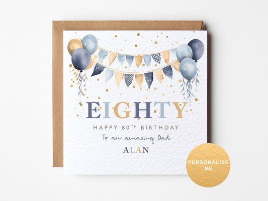 Birthday card for an 80th birthday with balloons and a personalized message on a white background.