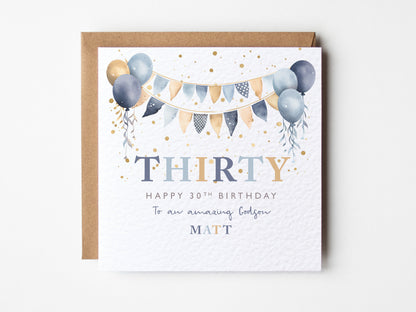 Birthday card with balloons and text on a white background