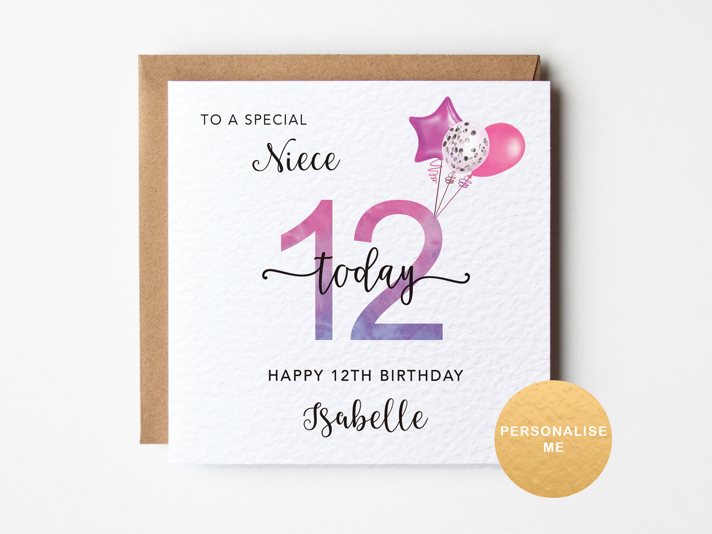 Birthday card for a special niece on her 12th birthday with pink and purple balloons.