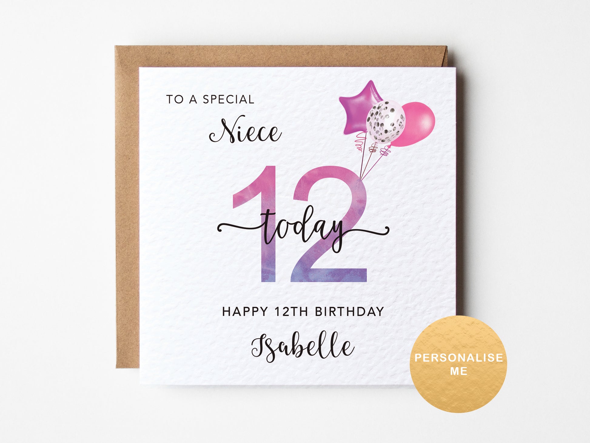 Birthday card for a special niece on her 12th birthday with pink and purple balloons.