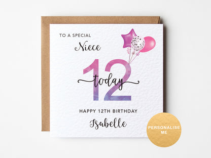 Birthday card for a special niece on her 12th birthday with pink and purple balloons.