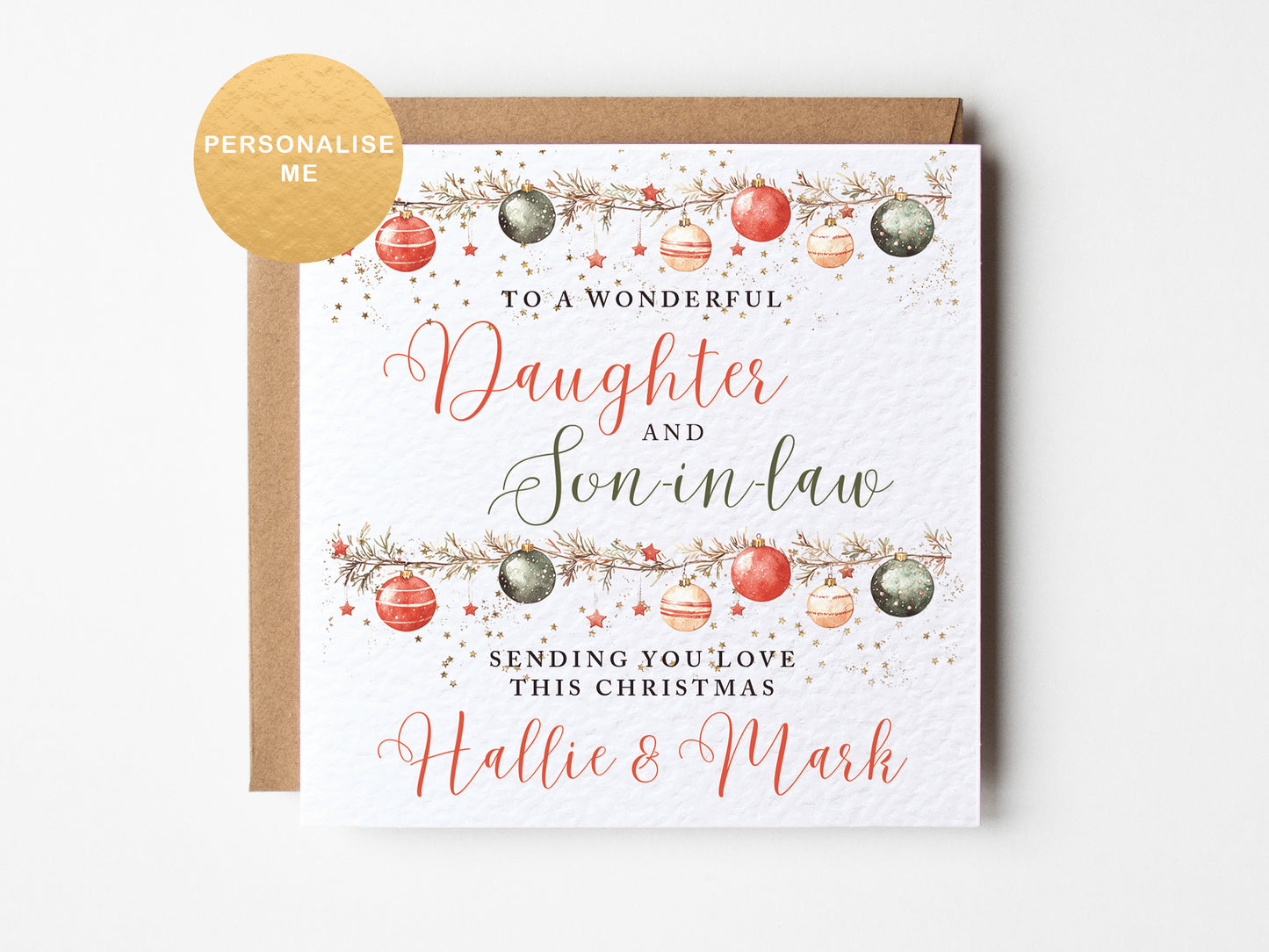 Christmas card for a daughter and son-in-law with decorative elements and personalized text.