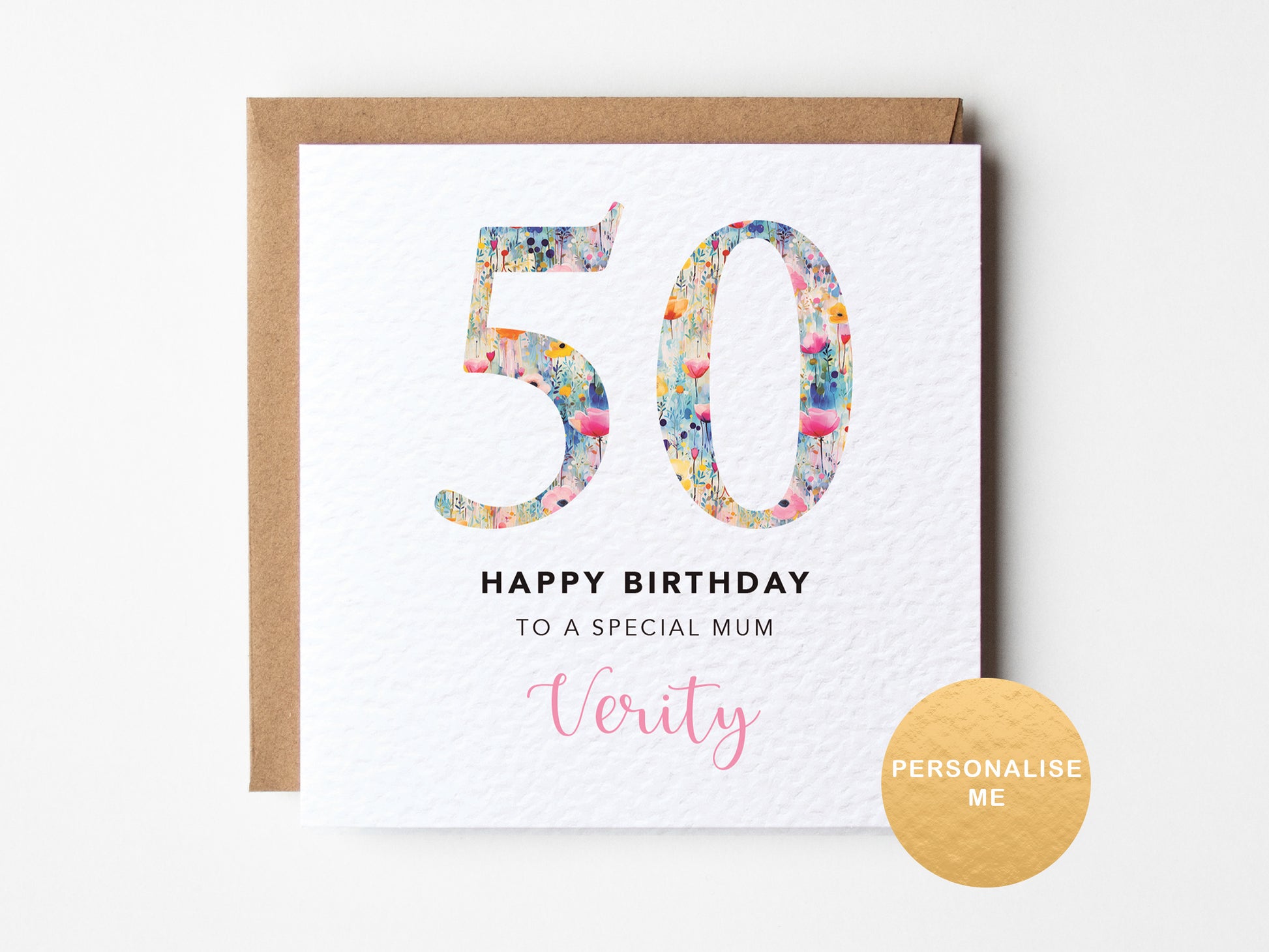 Floral 50 on white background with personalised birthday text