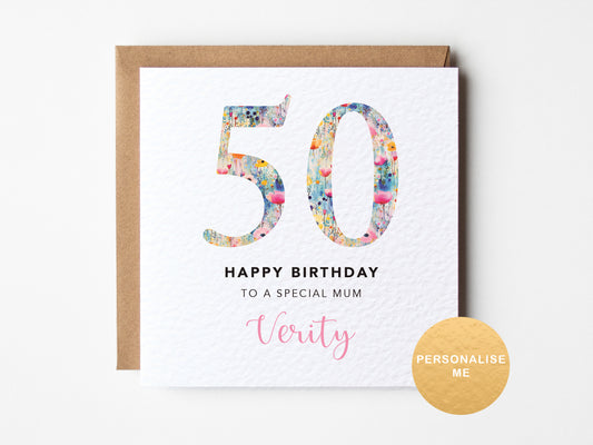 Floral 50 on white background with personalised birthday text
