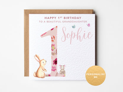 Birthday card for a granddaughter with a rabbit illustration and personalized text.