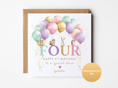 Birthday card with colorful balloons and animals on a white background