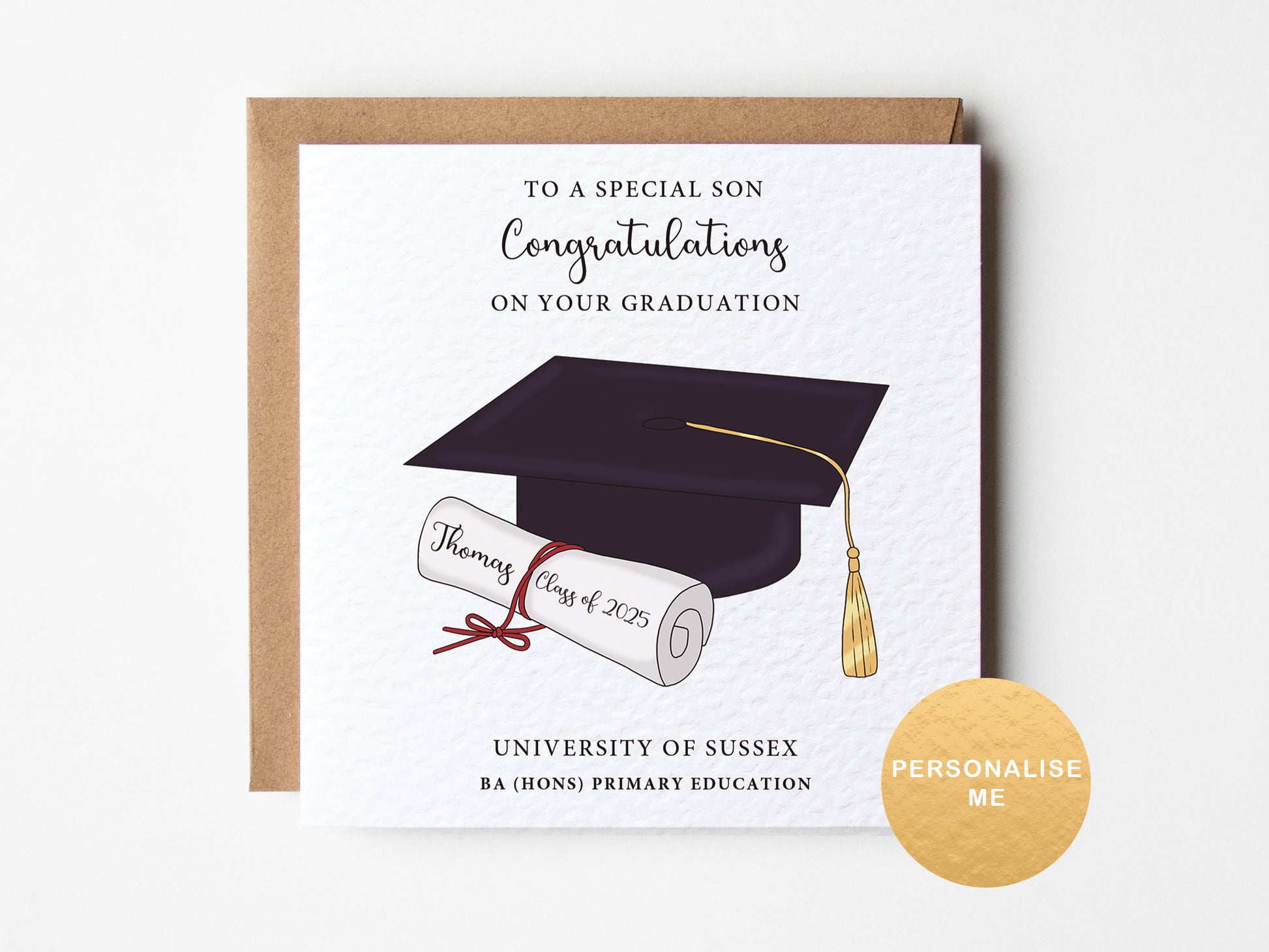 Graduation card with a mortarboard and diploma, personalized text, on a white background.