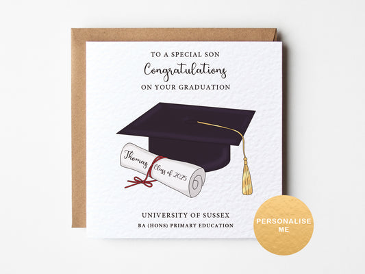 Graduation card with a mortarboard and diploma, personalized text, on a white background.