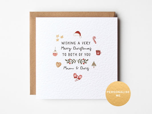 Christmas card with decorative text and icons on a white background