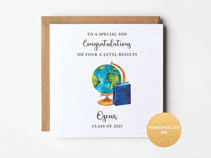 Greeting card with a globe and book illustration on a white background