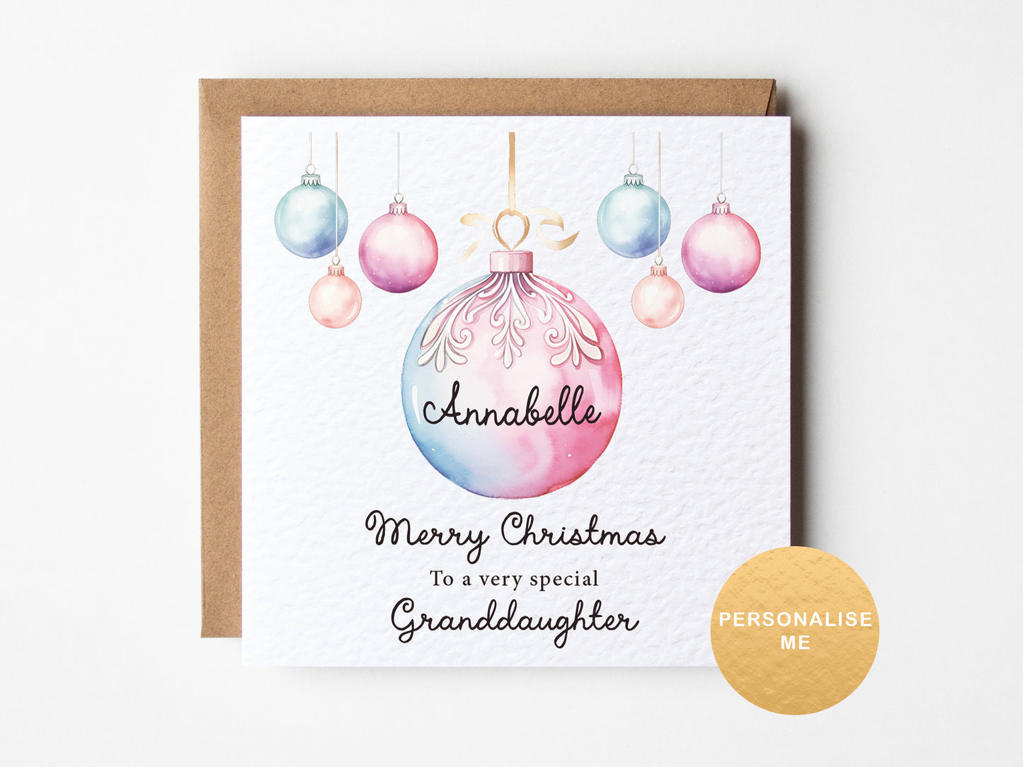 Personalized Christmas card with colorful ornaments and text on a white background