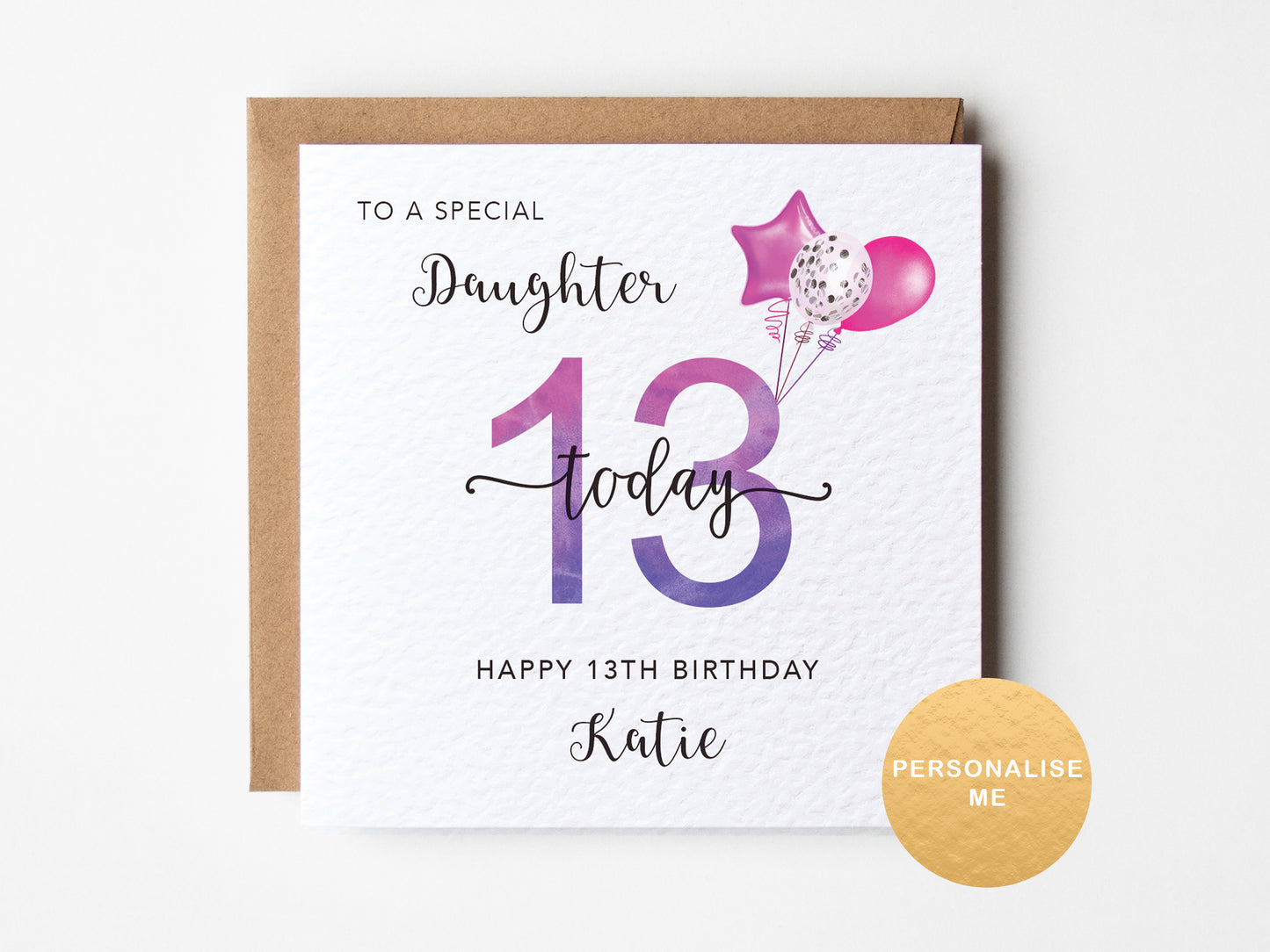 13th birthday card for a special daughter with balloons and personalized text on a white background.
