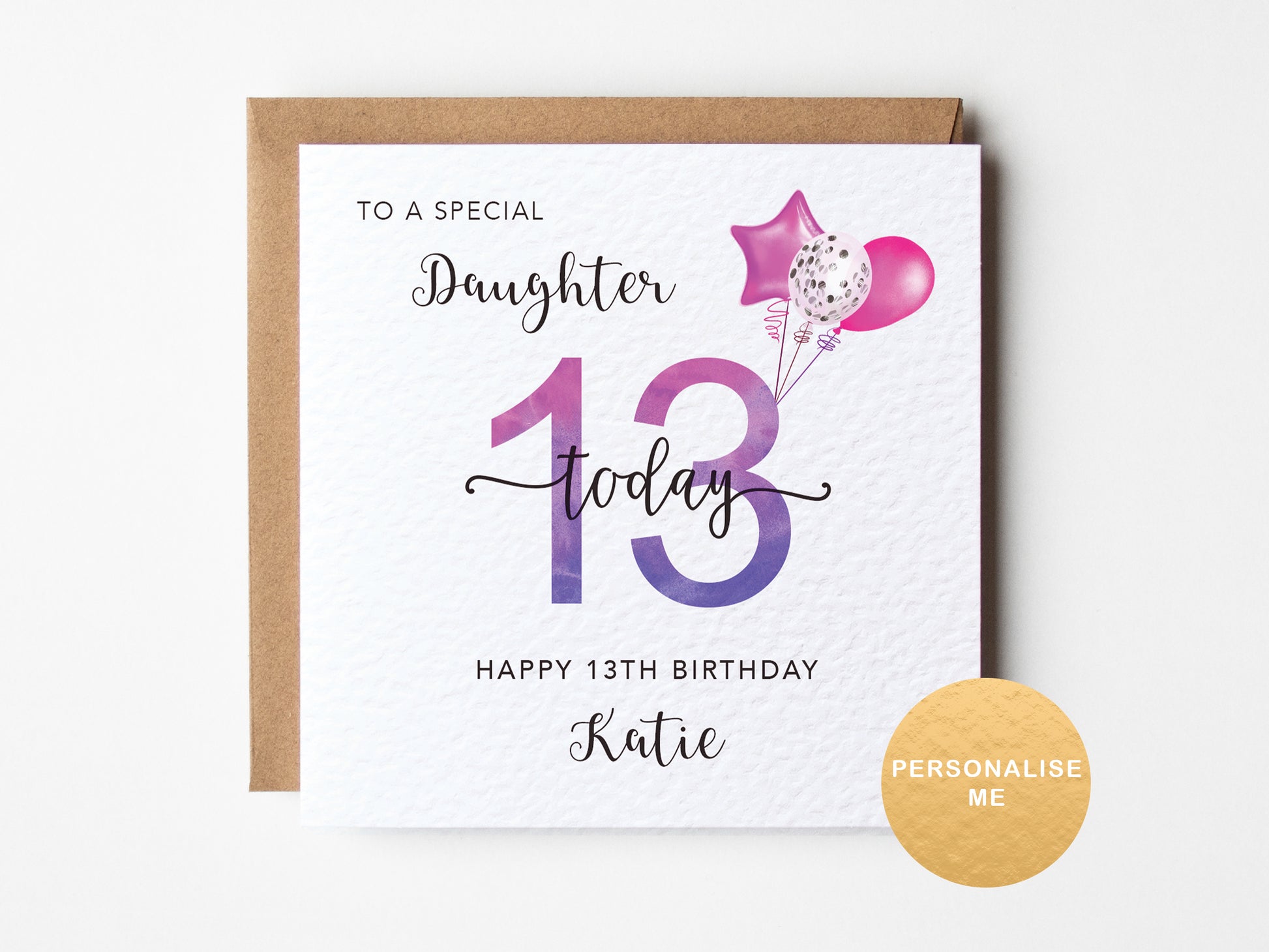 13th birthday card for a special daughter with balloons and personalized text on a white background.