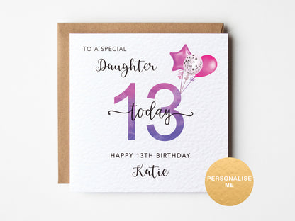 13th birthday card for a special daughter with balloons and personalized text on a white background.