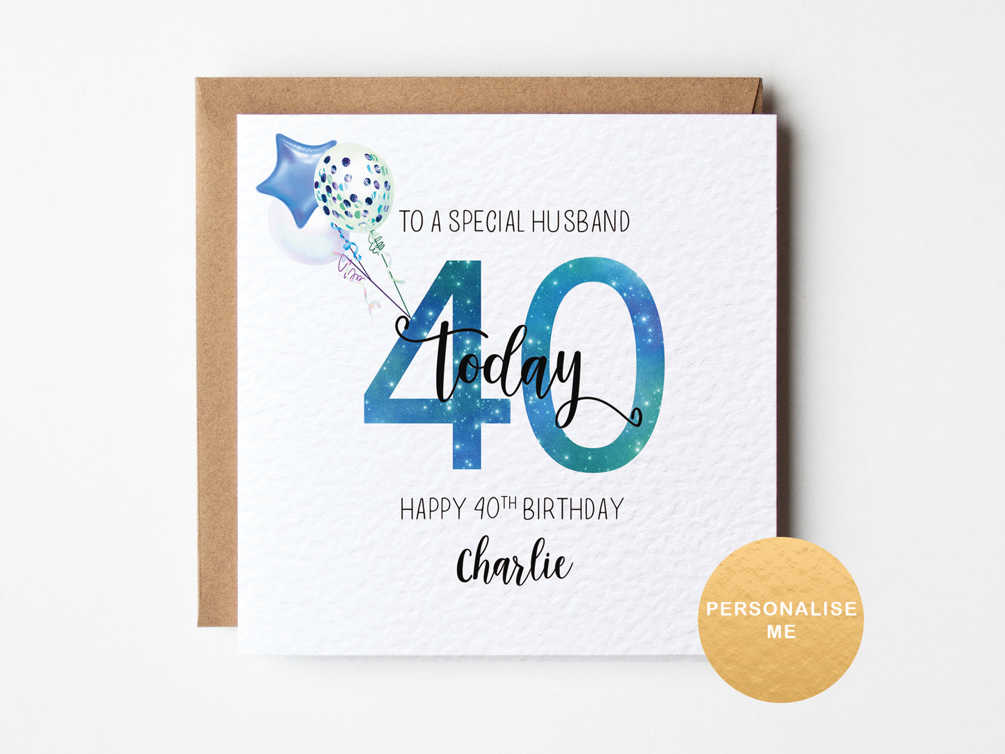 Birthday card for a special husband turning 40 with a star balloon design on a white background.