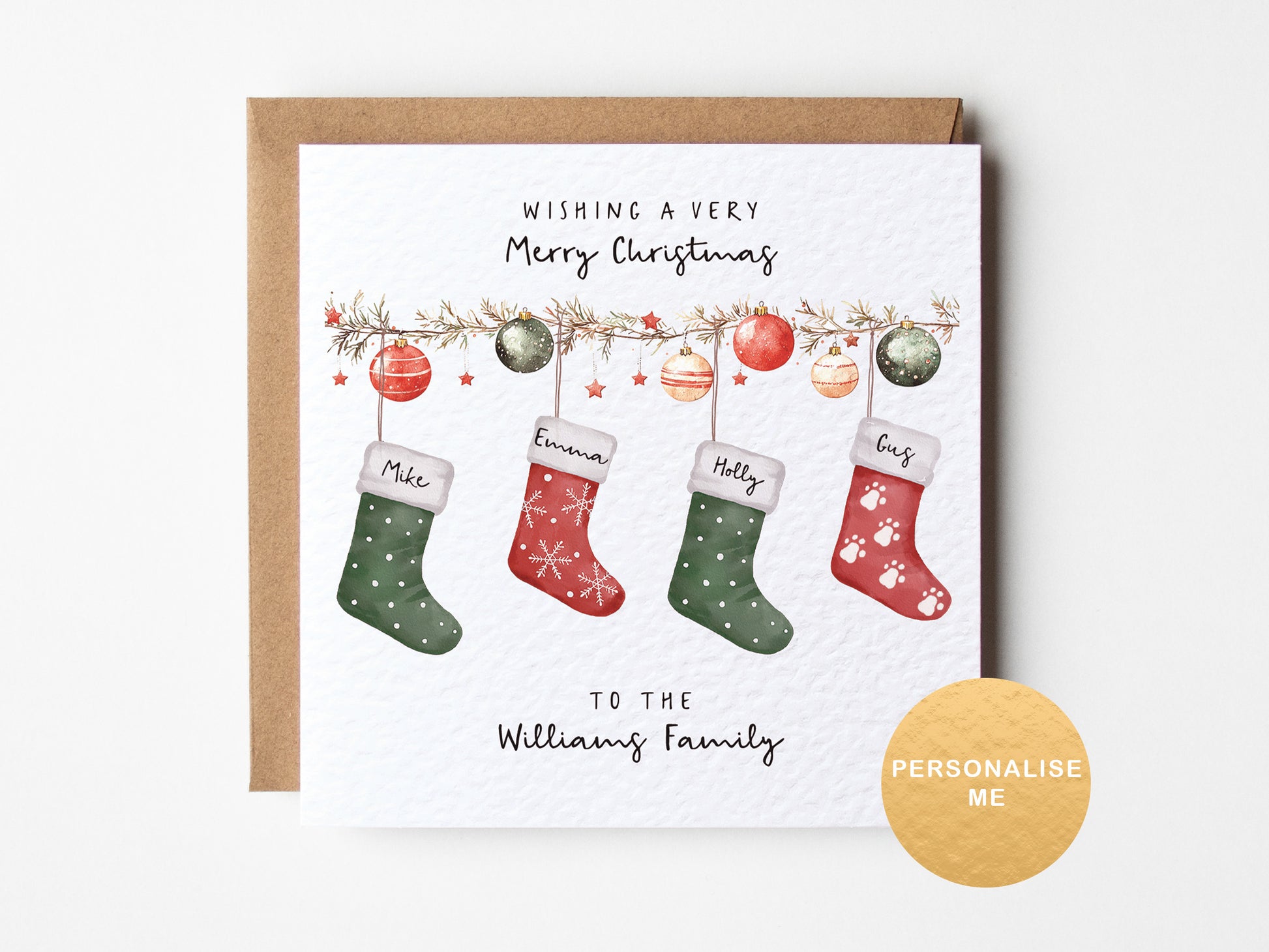 Christmas card with stockings and personalized text on a white background
