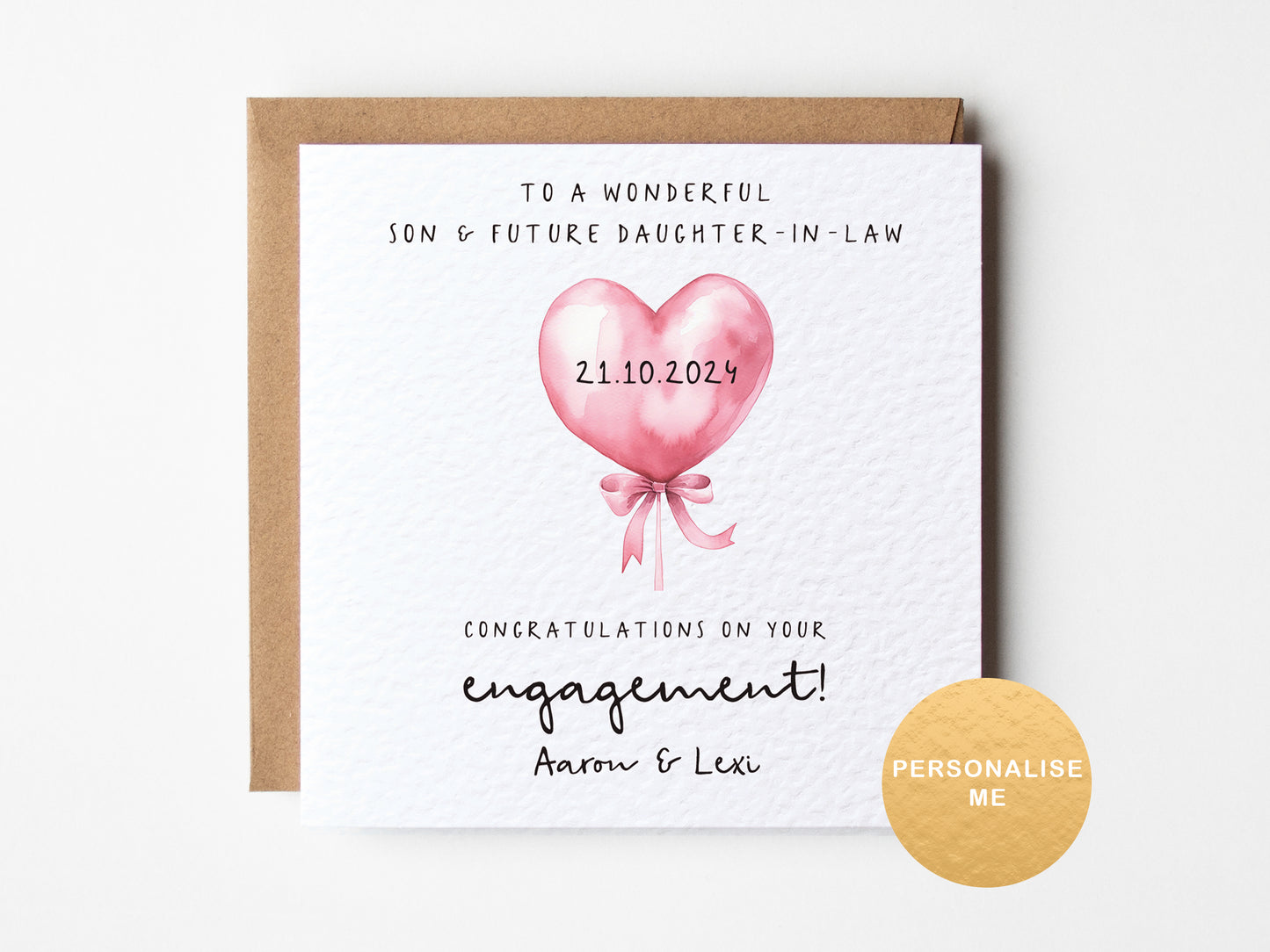 Engagement card with pink heart balloon design on a white background