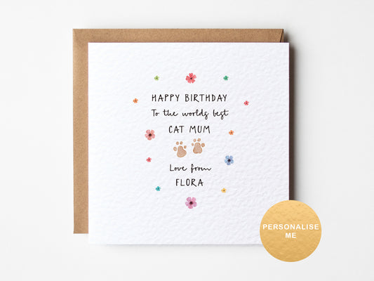 Greeting card for a cat mom with paw prints and flowers on a white background