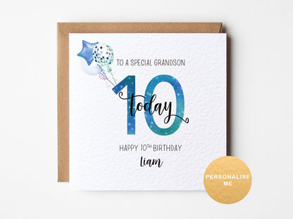 Birthday card for a special grandson on his 10th birthday with a blue balloon design.