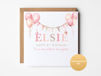 Birthday card with pink balloons and 'Elsie' on a white background