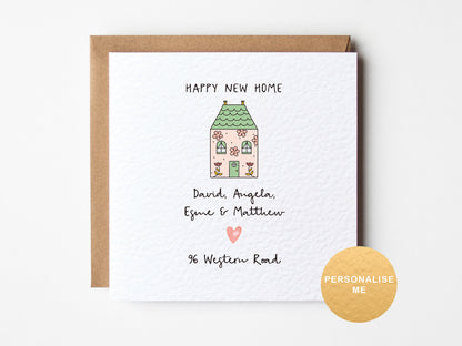 Greeting card with house illustration and text on a white background