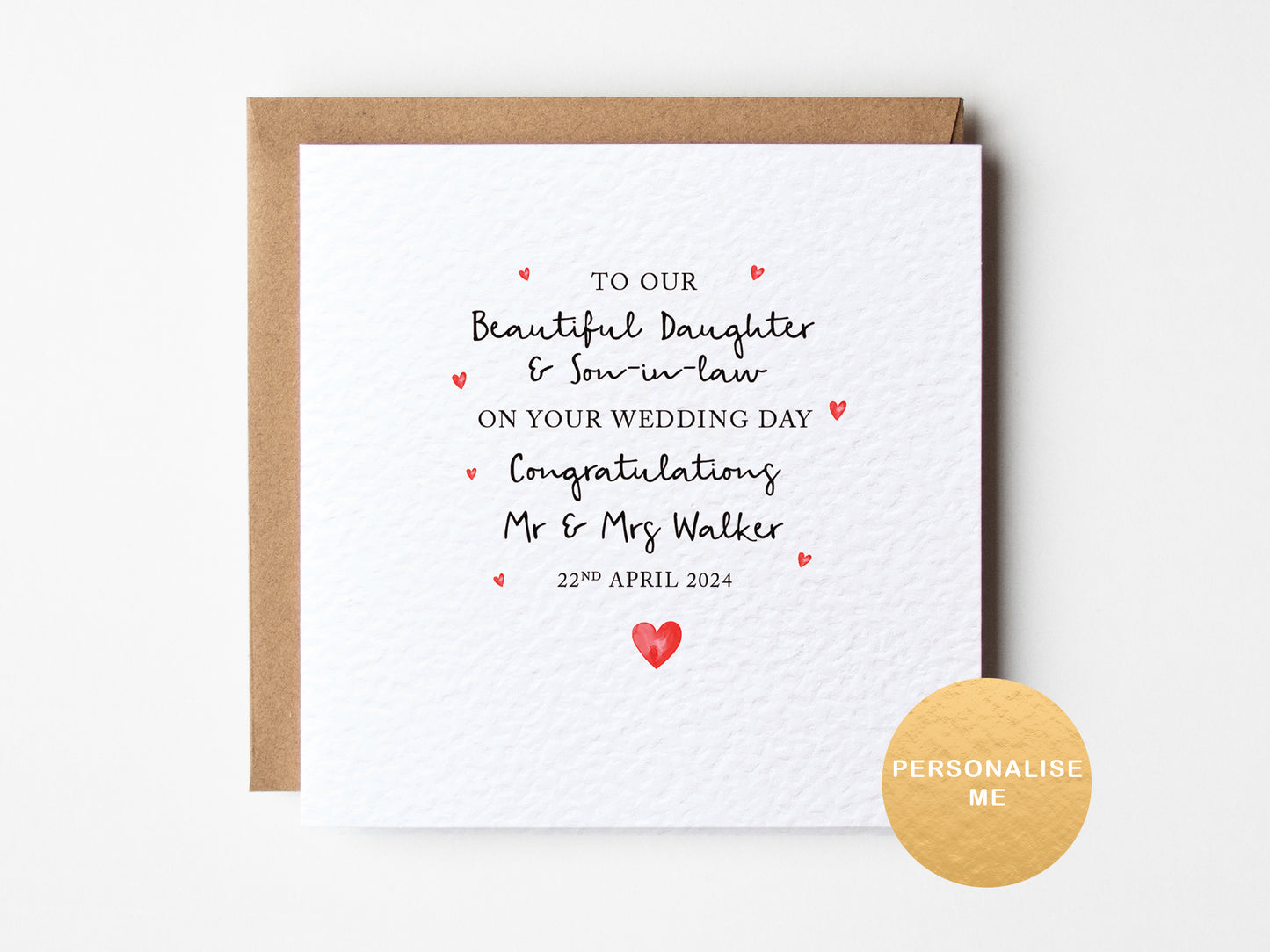 Personalized wedding card with red hearts on a white background