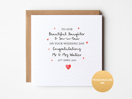 Personalized wedding card with red hearts on a white background