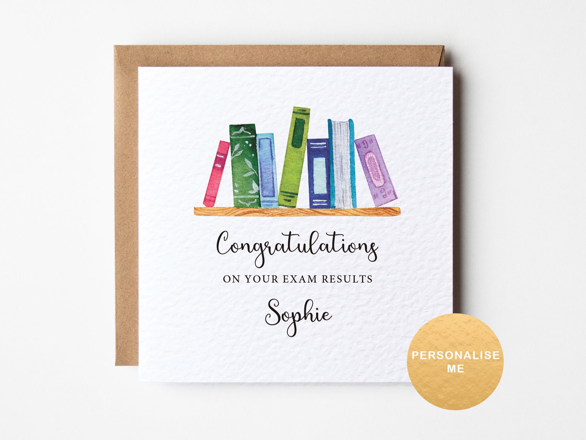 Greeting card with colorful books illustration and personalized text on a white background