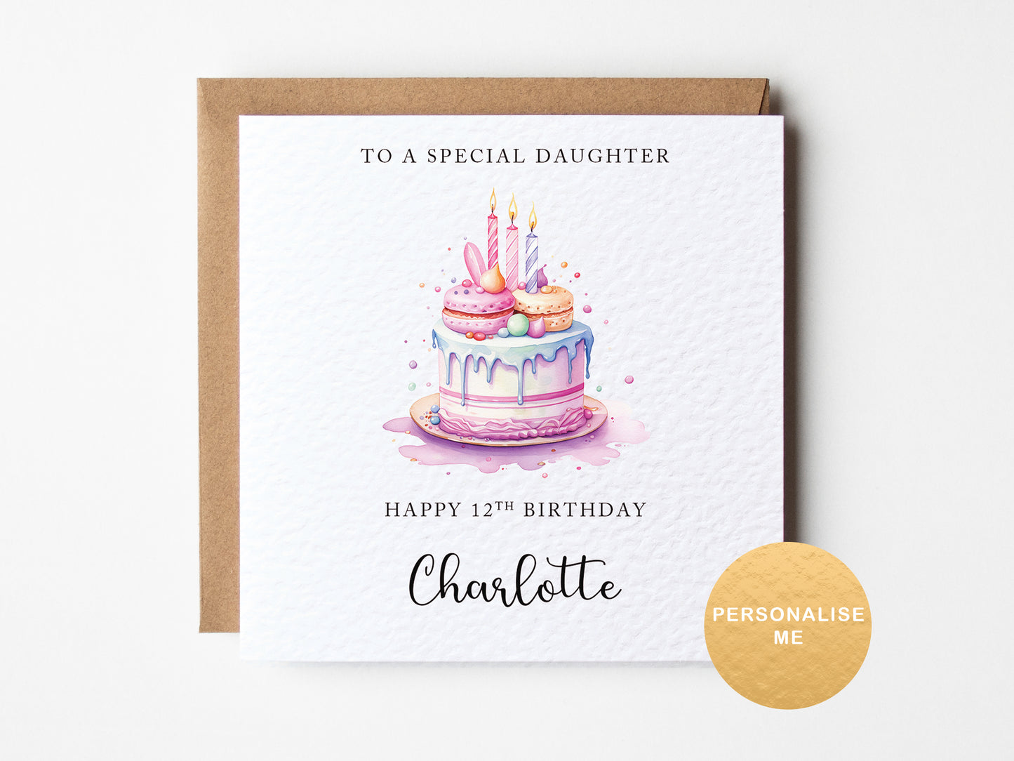 Birthday card with a cake illustration and personalized text on a white background