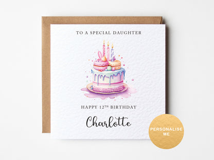 Birthday card with a cake illustration and personalized text on a white background