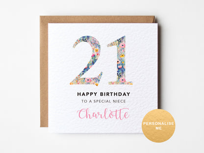 Birthday card with floral numbers '21' on a white background