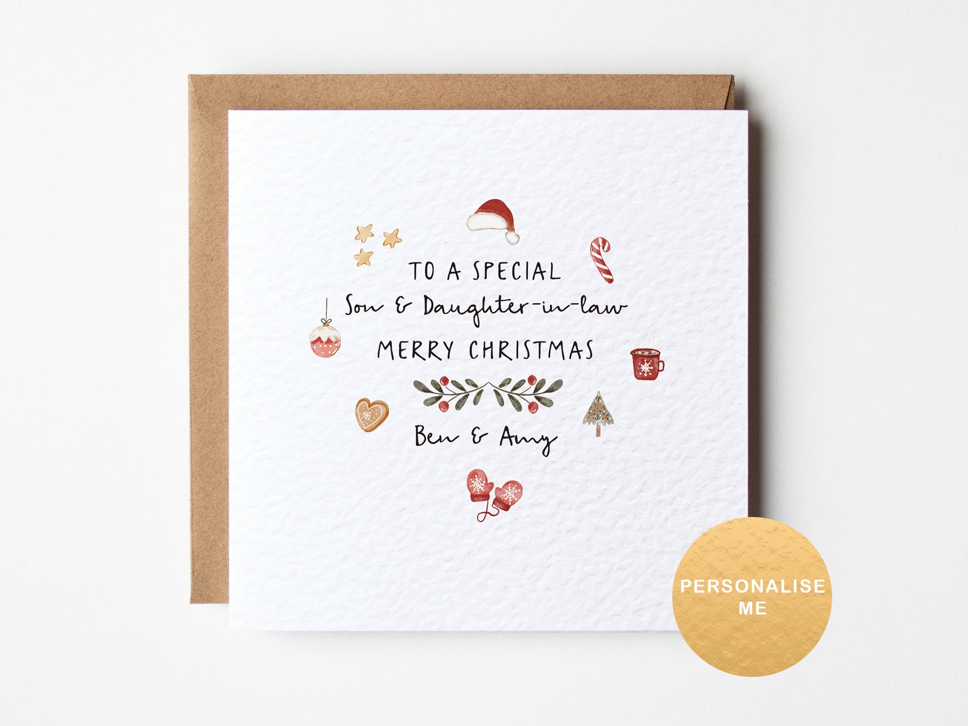 Christmas card with decorative text and illustrations on a white background