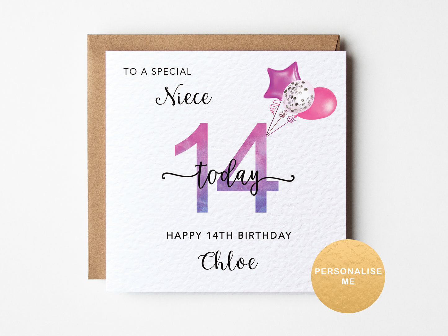 14th birthday card for a niece with balloons and stars on a white background