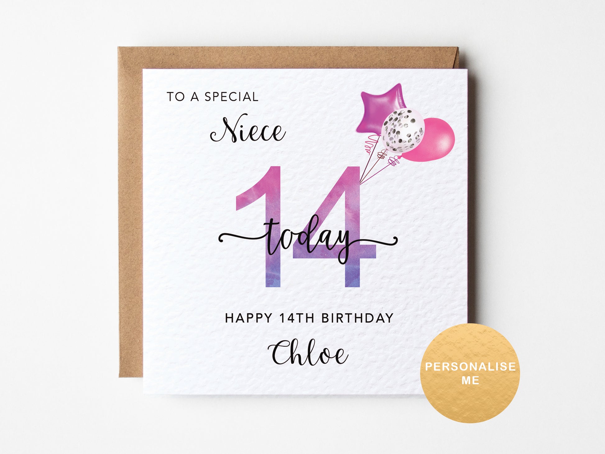 14th birthday card for a niece with balloons and stars on a white background