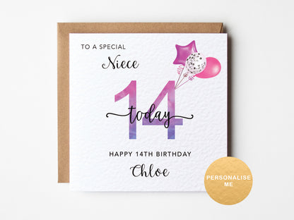 14th birthday card for a niece with balloons and stars on a white background