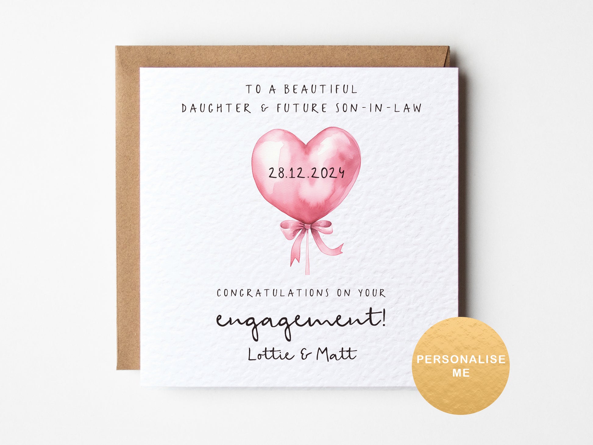Engagement card with pink heart balloon and personalized text on a white background