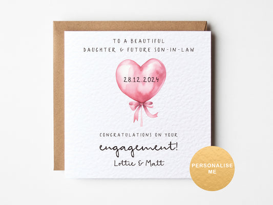 Engagement card with pink heart balloon and personalized text on a white background
