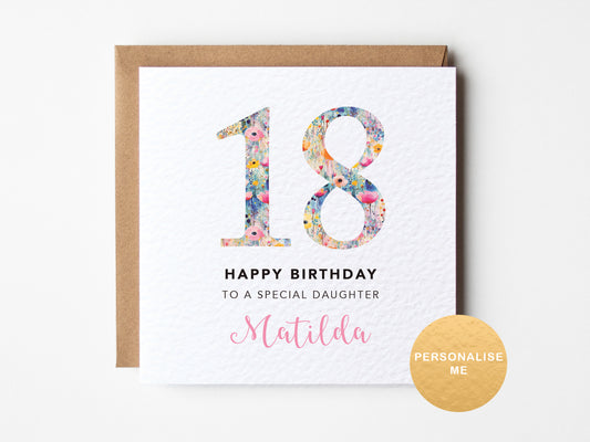 18th birthday card for a special daughter with floral numbers on a white background